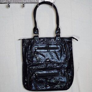 Global New Beginnings Black Faux Snake Double Snap Zip Pockets Large Tote Bag